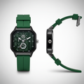 Green multi-dial wristwatch shown from the front and side