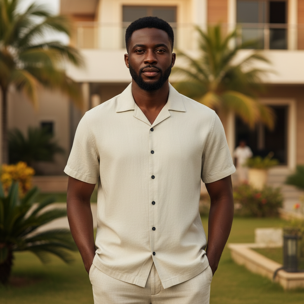 Nigerian male model wearing Cream Camp Collar Shirt front view