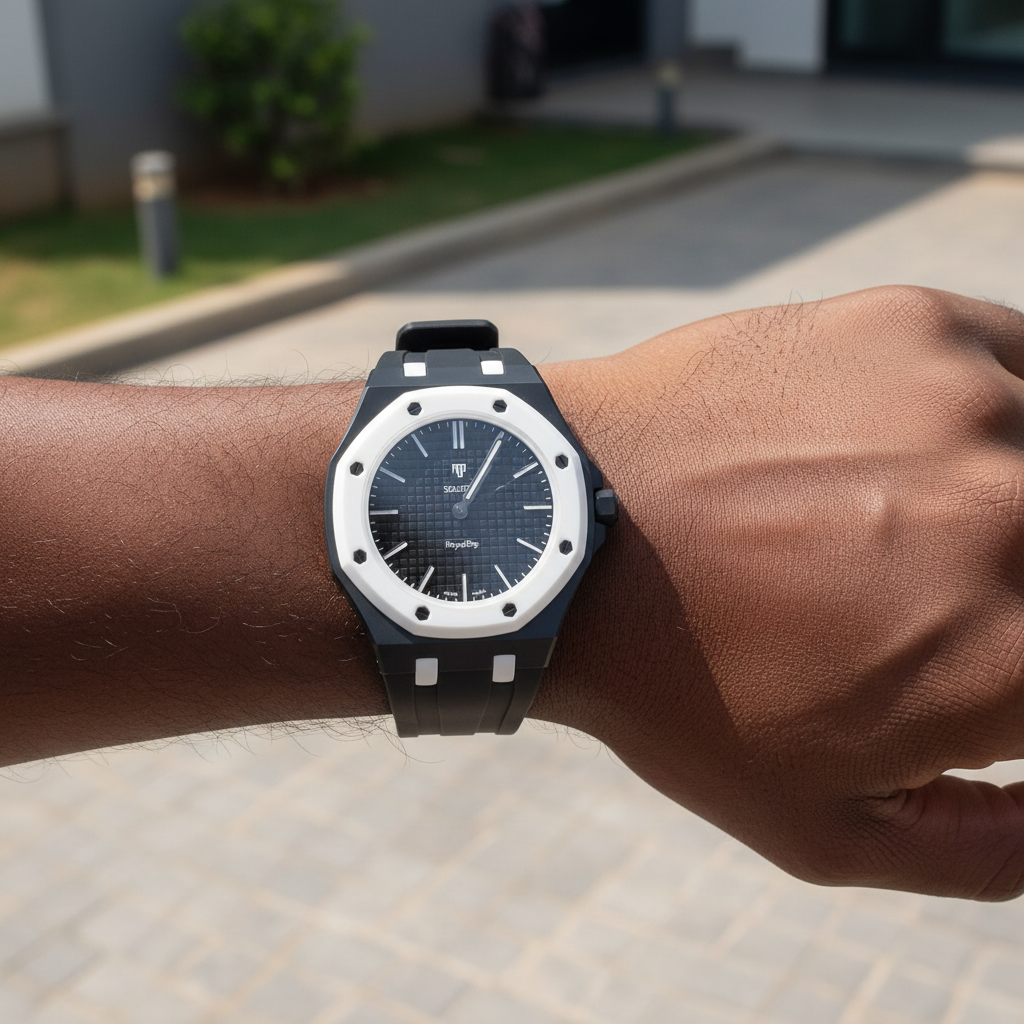 Nigerian male model wearing unisex black octagonal pop watch with white bezel and solid waffle dial on wrist