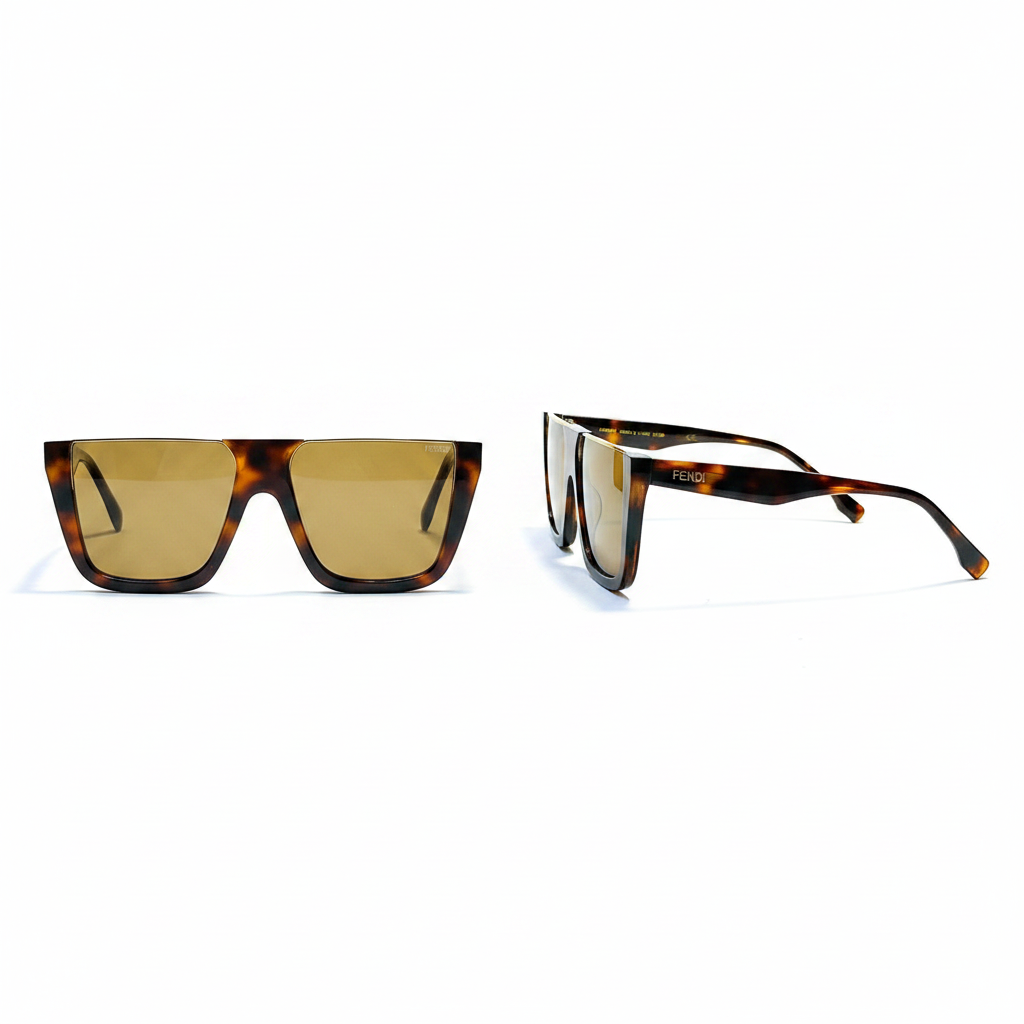 Oversized Flat-Top Square Sunglasses Tortoiseshell Amber – Ghost Mannequin Front and Side View