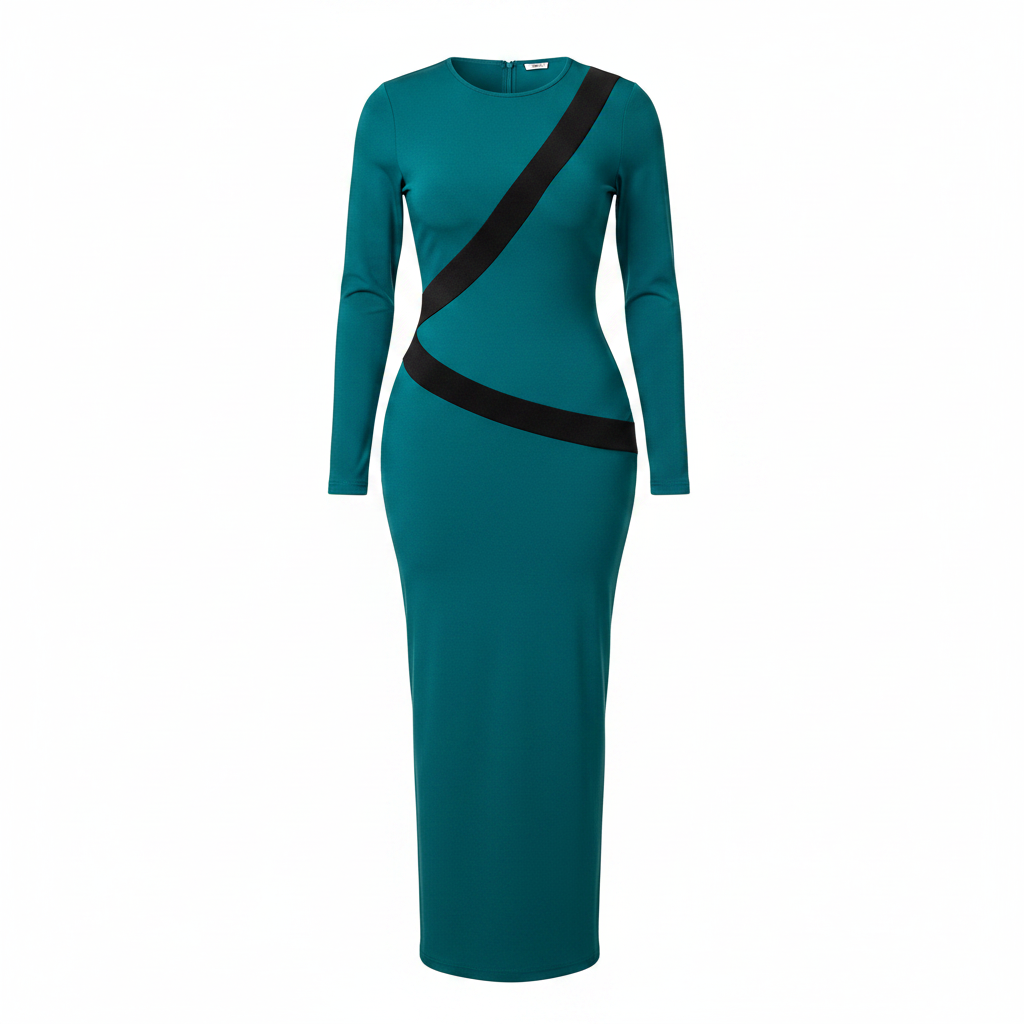 Ghost mannequin view of women's teal bodycon maxi dress with diagonal black contrast band