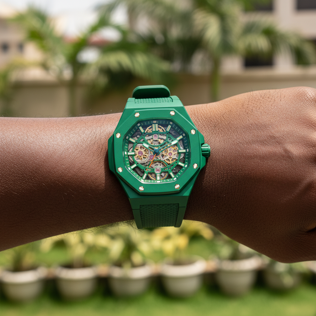 Nigerian male model wearing unisex all-green octagonal skeleton pop watch with exposed mechanical movement on wrist