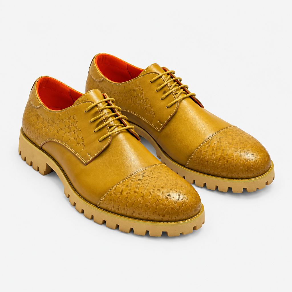 Mustard-brown men's brogue lace-up shoes shown as a complete pair