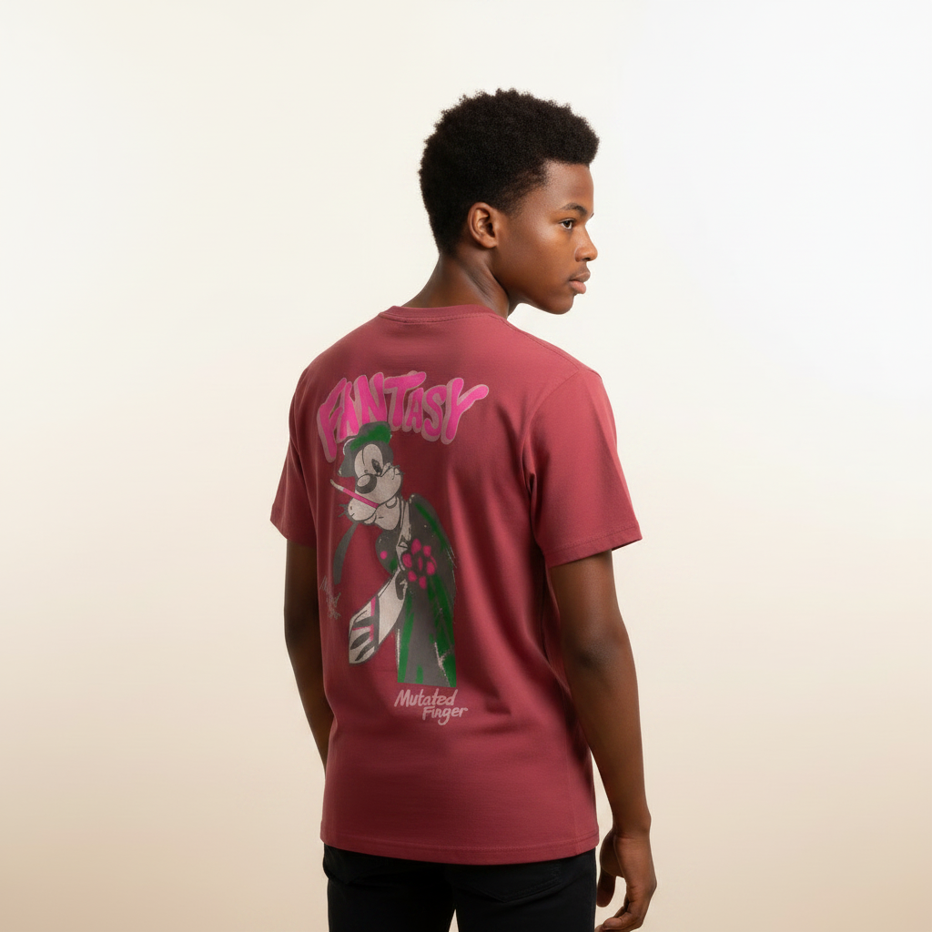 Nigerian teenage boy wearing burgundy Fantasy graphic tee, back view
