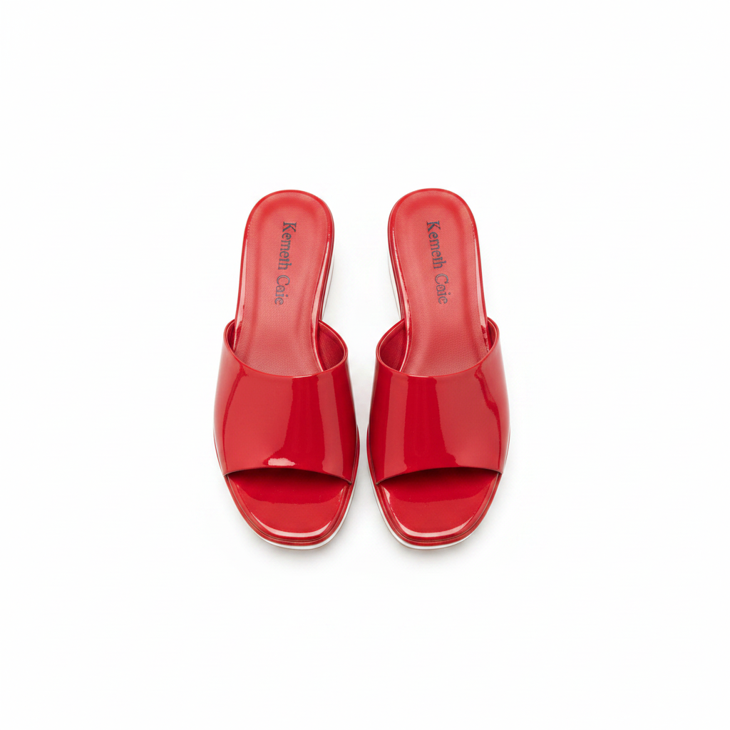 Women's red patent leather flat mule slide — ghost mannequin pair view