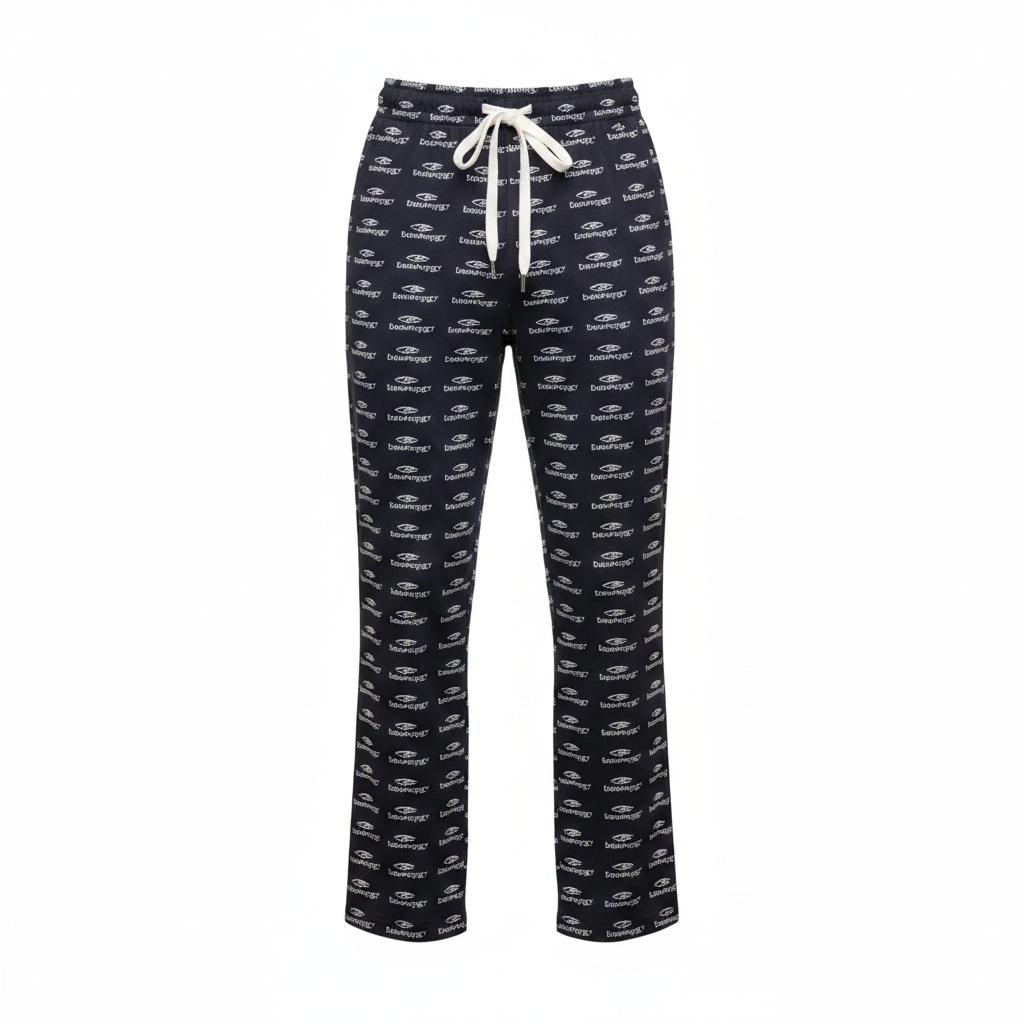Ghost Mannequin Front – Navy All-Over Print Trousers