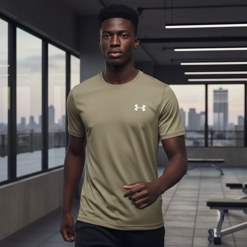 Under Armour khaki short-sleeve athletic T-shirt on male model
