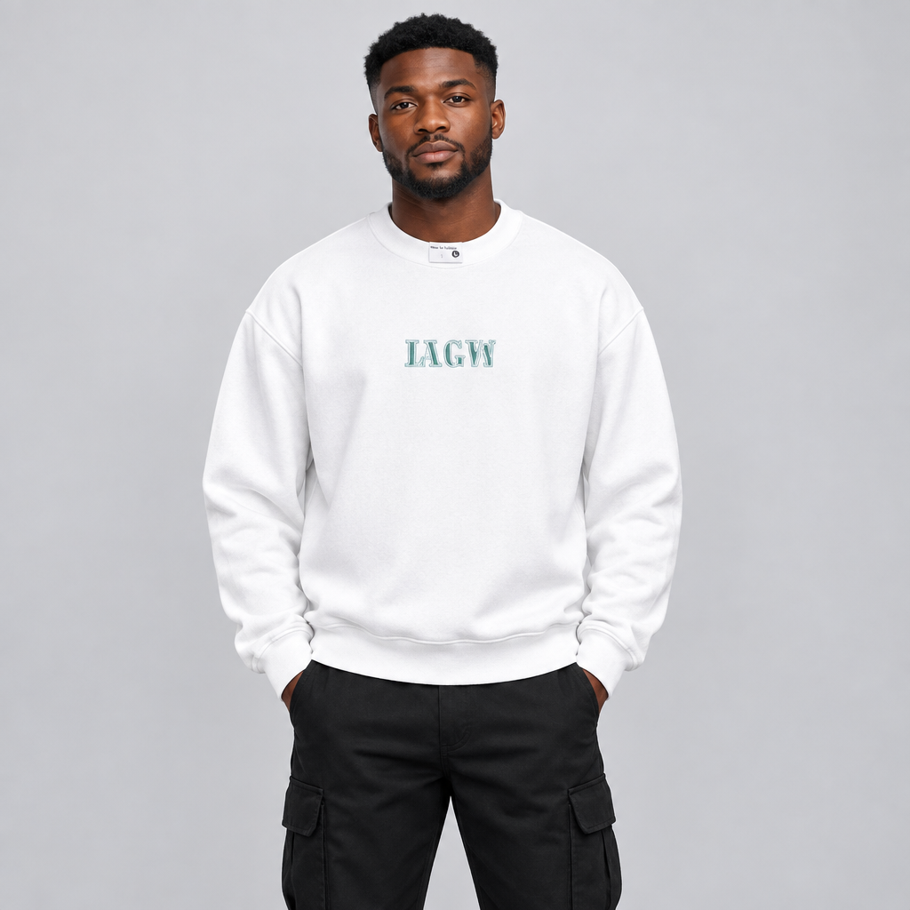 Black male model wearing a white graphic sweatshirt