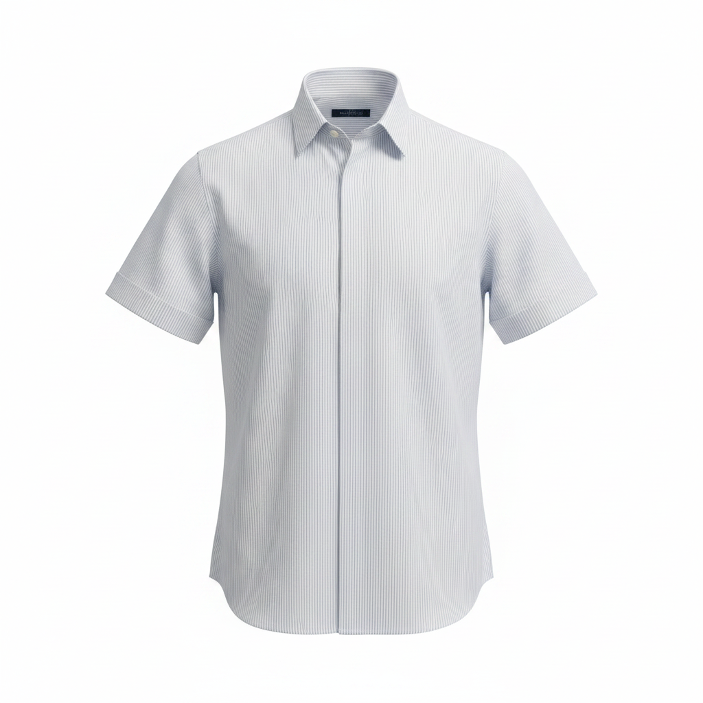 Ghost mannequin of white and light blue fine pinstripe short-sleeved shirt on white background