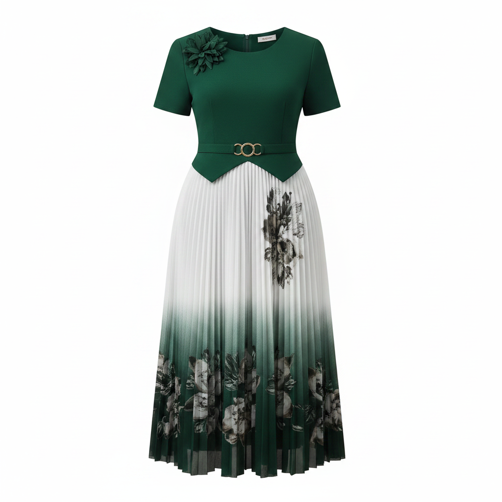 Forest Green Floral Ombre Pleated Midi Dress - Ghost Mannequin