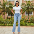 Light Blue Rhinestone Ripped Flare Denim Jeans - Model Front View