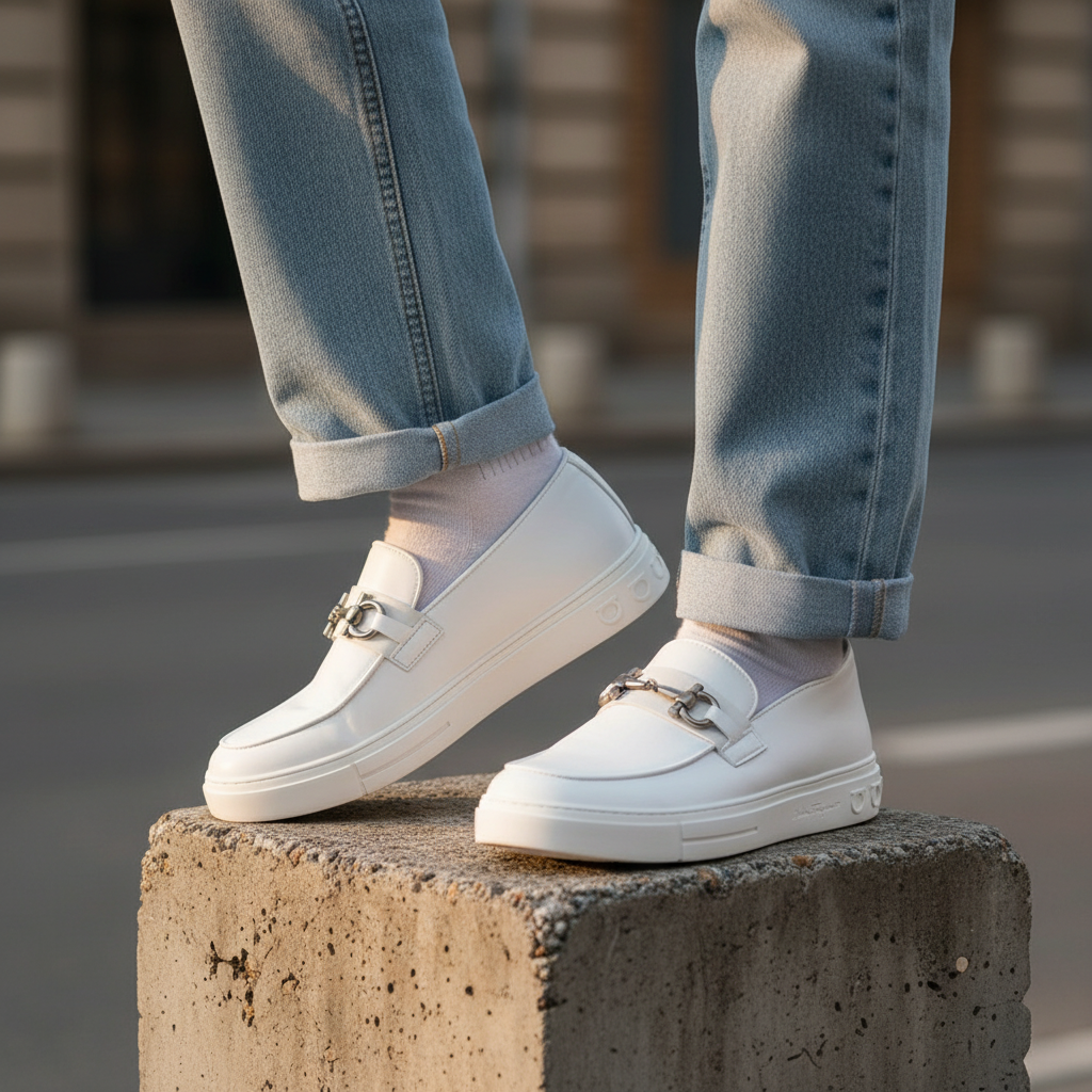 Model wearing white leather slip-on loafers with silver buckle leg shot