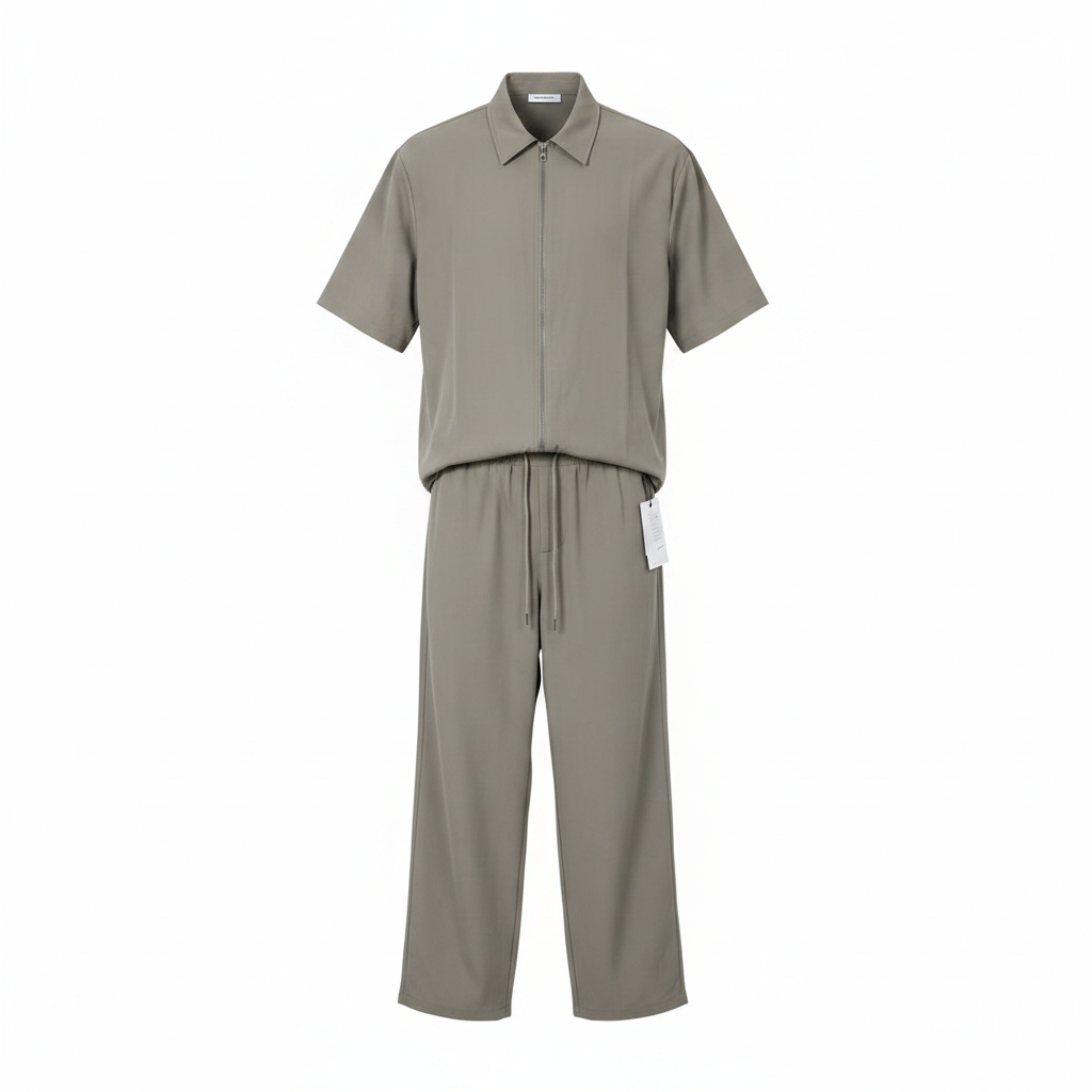 Men's taupe grey short-sleeve zip utility shirt and drawstring trousers co-ord set on ghost mannequin, white background