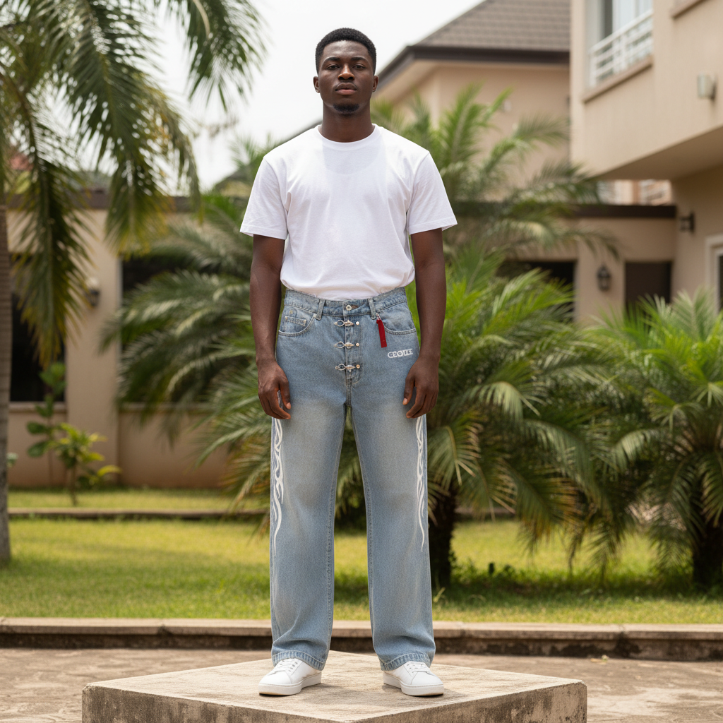 Nigerian male model full body wearing men's light blue tribal flame side seam straight denim jeans