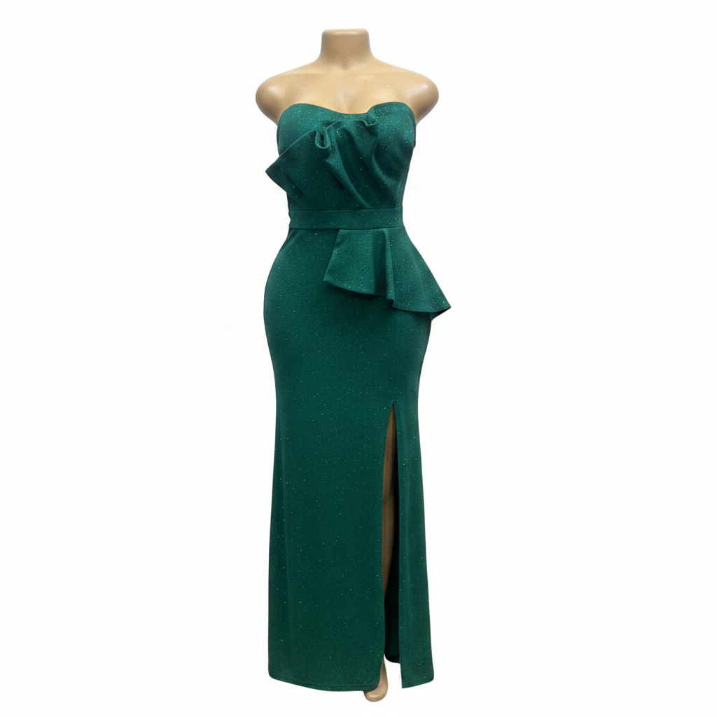 Ghost mannequin emerald green glitter strapless maxi dress