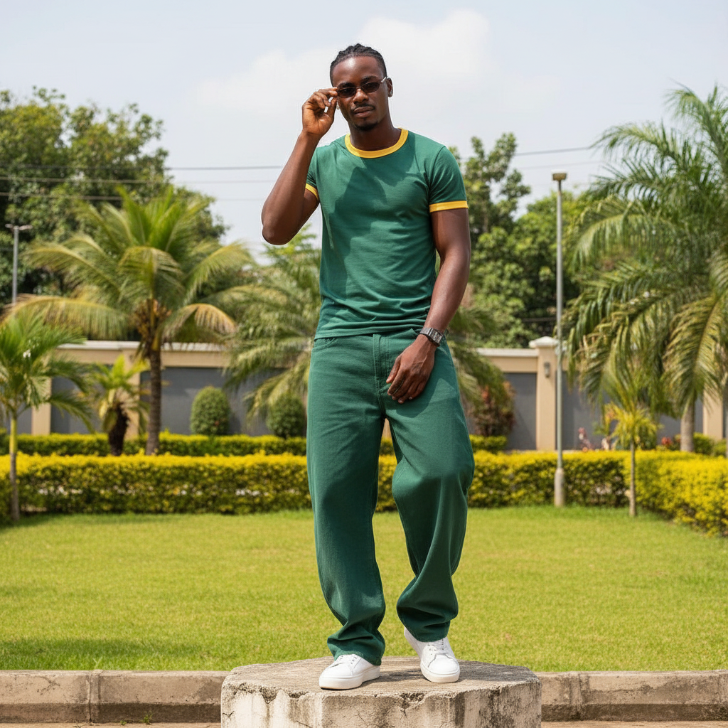 Nigerian male model full body wearing men's green yellow trim ringer crew-neck t-shirt