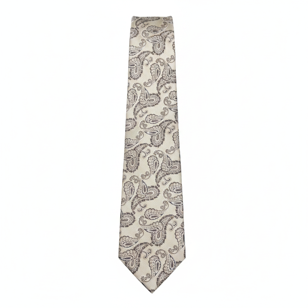 Men's cream paisley print necktie flat lay ghost mannequin view