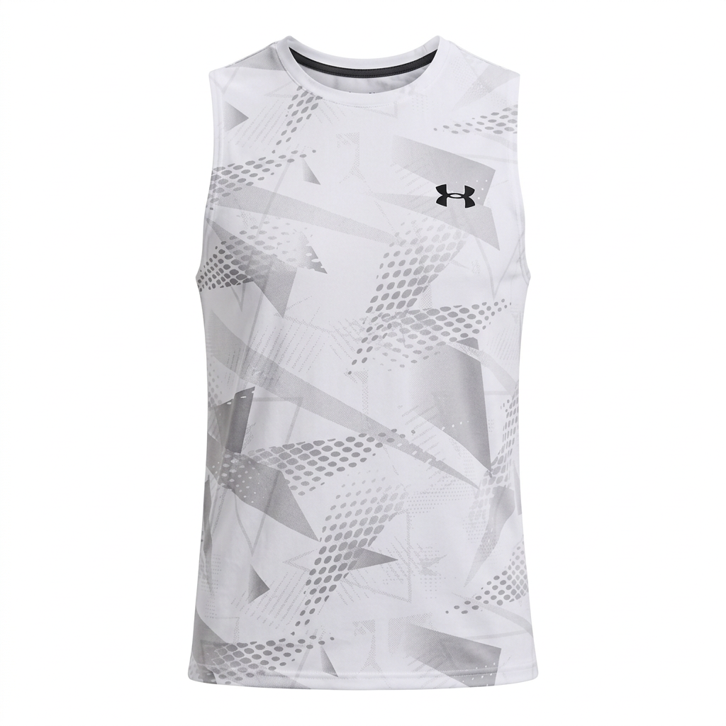 White and pale grey geometric sleeveless top on white background