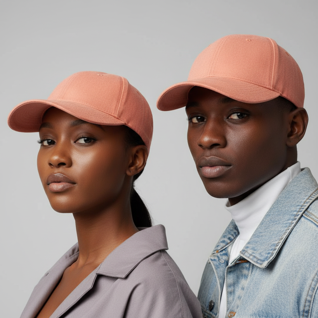 Nigerian Gen Z male and female models wearing plain peach cotton dad cap