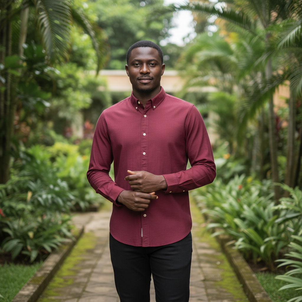 Nigerian model wearing Burgundy Button-Down Long Sleeve Shirt – Front View