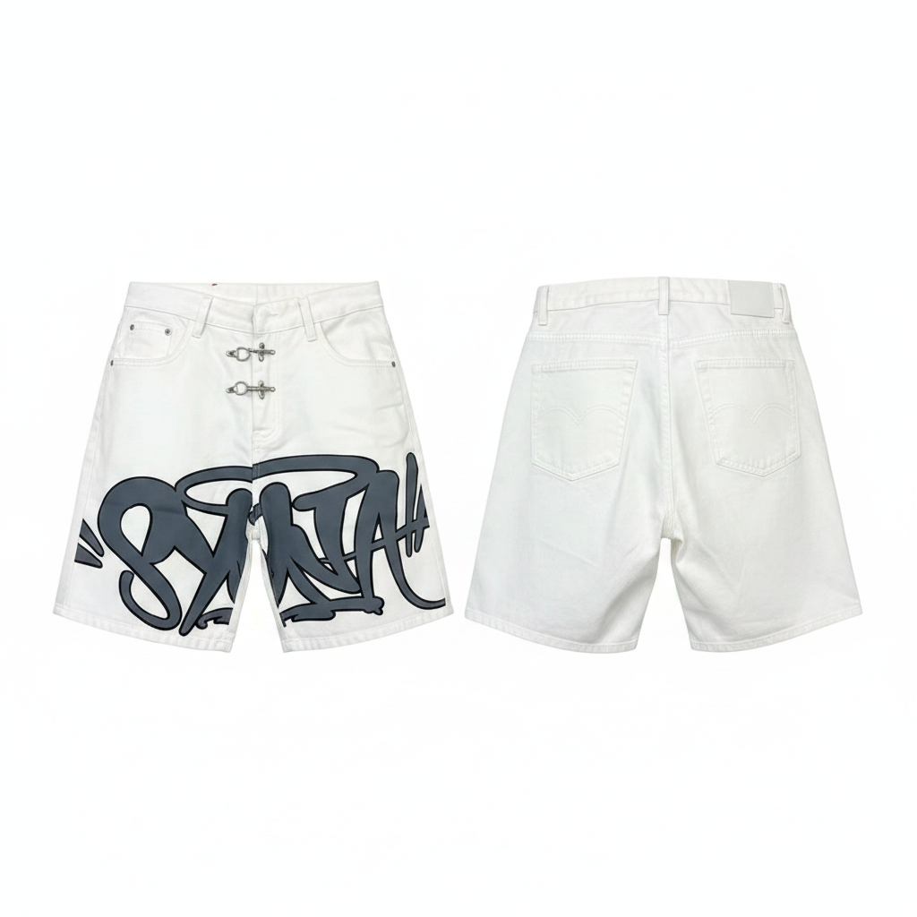 Men's white graffiti tag print clasp hardware denim shorts ghost mannequin front and back view