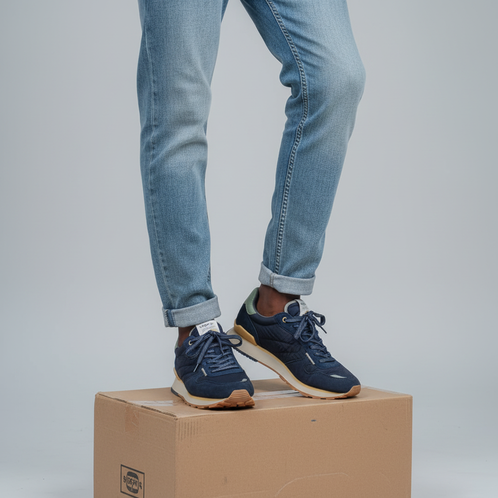 Men's navy blue retro runner sneakers Nigerian male model leg shot