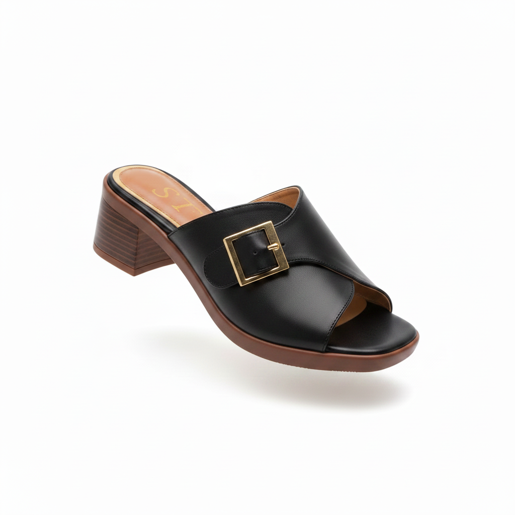 Women's Black Leather Square Buckle Block Heel Mule - Ghost Mannequin