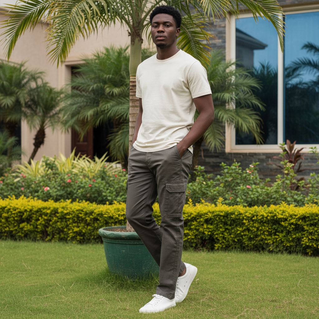 Nigerian male model wearing olive khaki cargo pants with side pockets