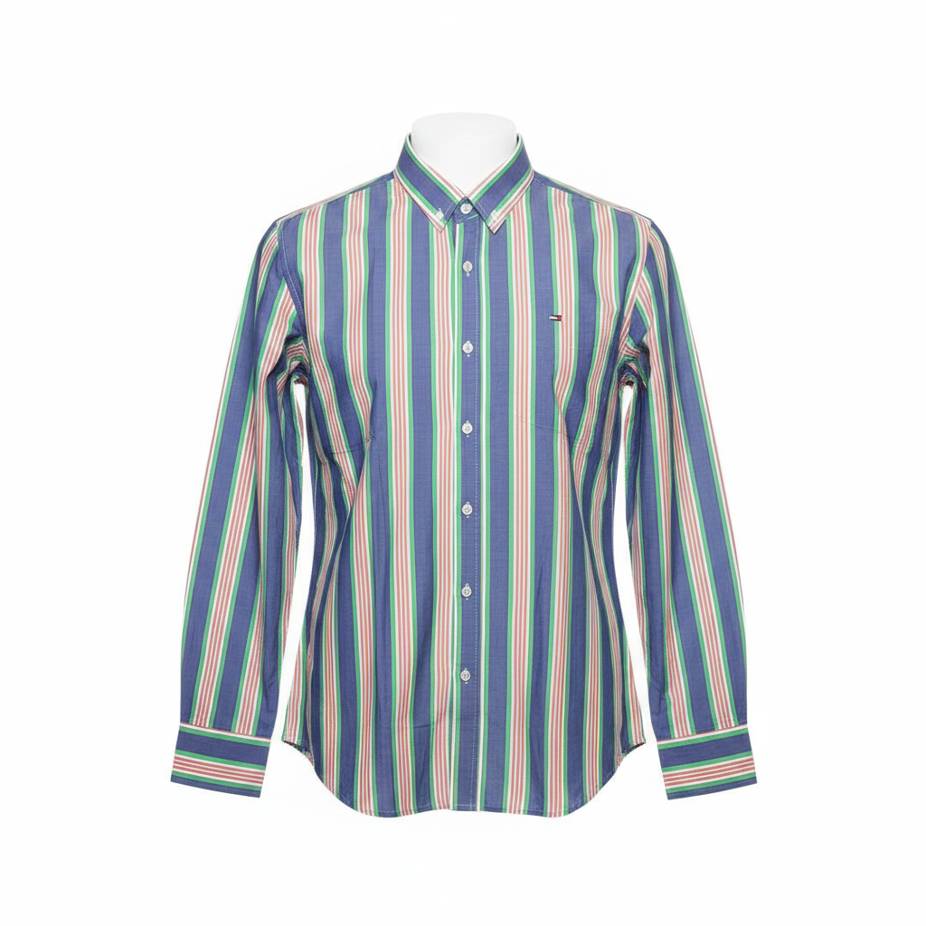 Blue Green Coral Striped Long-Sleeved Shirt - Ghost Mannequin