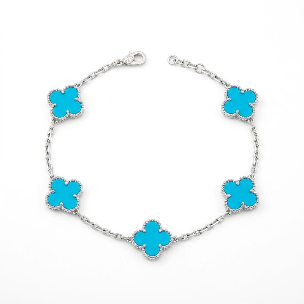 Turquoise-colour clover bracelet with silver-tone chain
