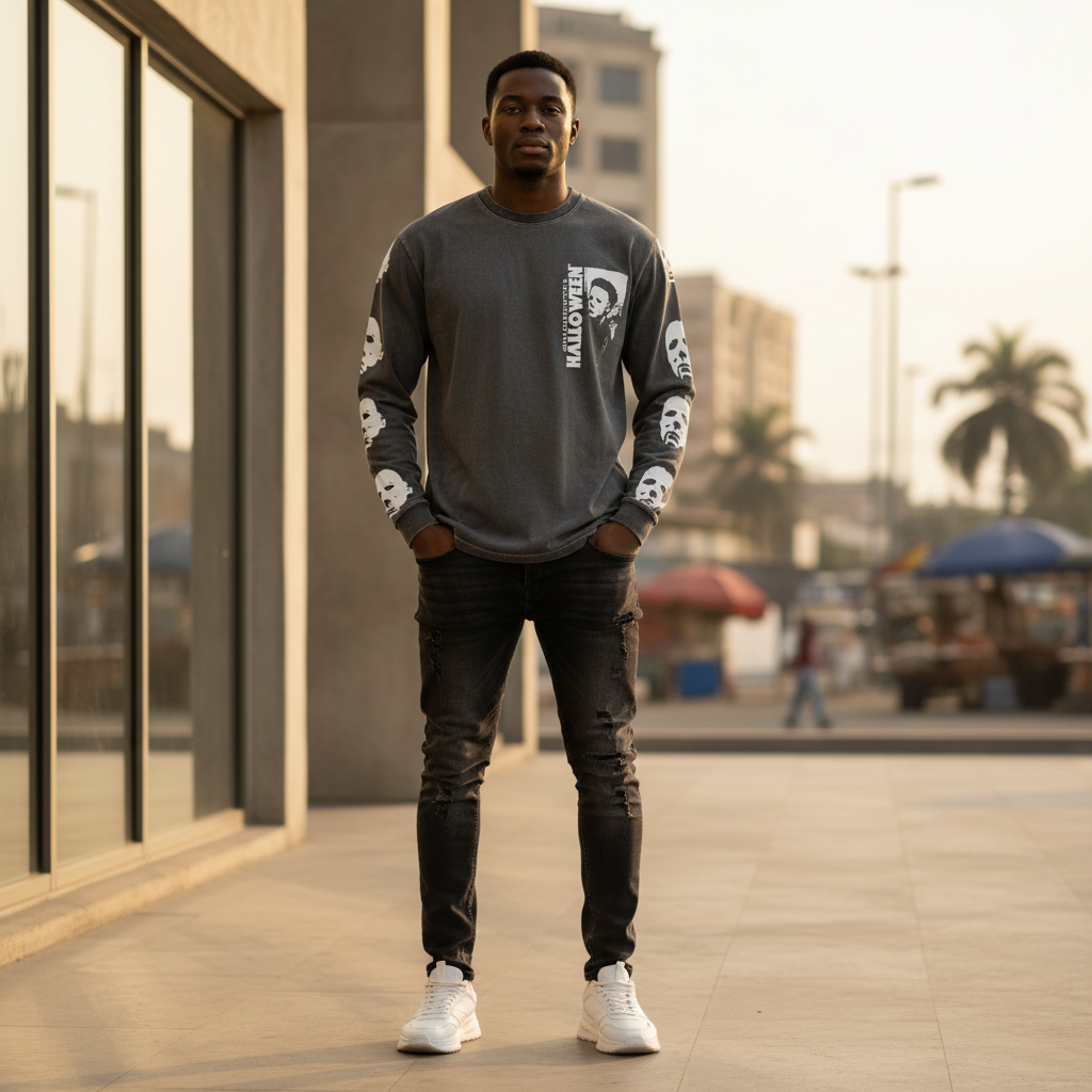 Halloween Long Sleeve Tee front view on Nigerian male model