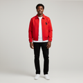 Model wearing the red zip-up harrington jacket