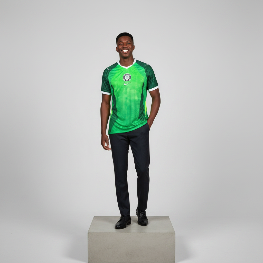 Nigerian male model wearing lime green neon yellow panel football jersey on concrete plinth