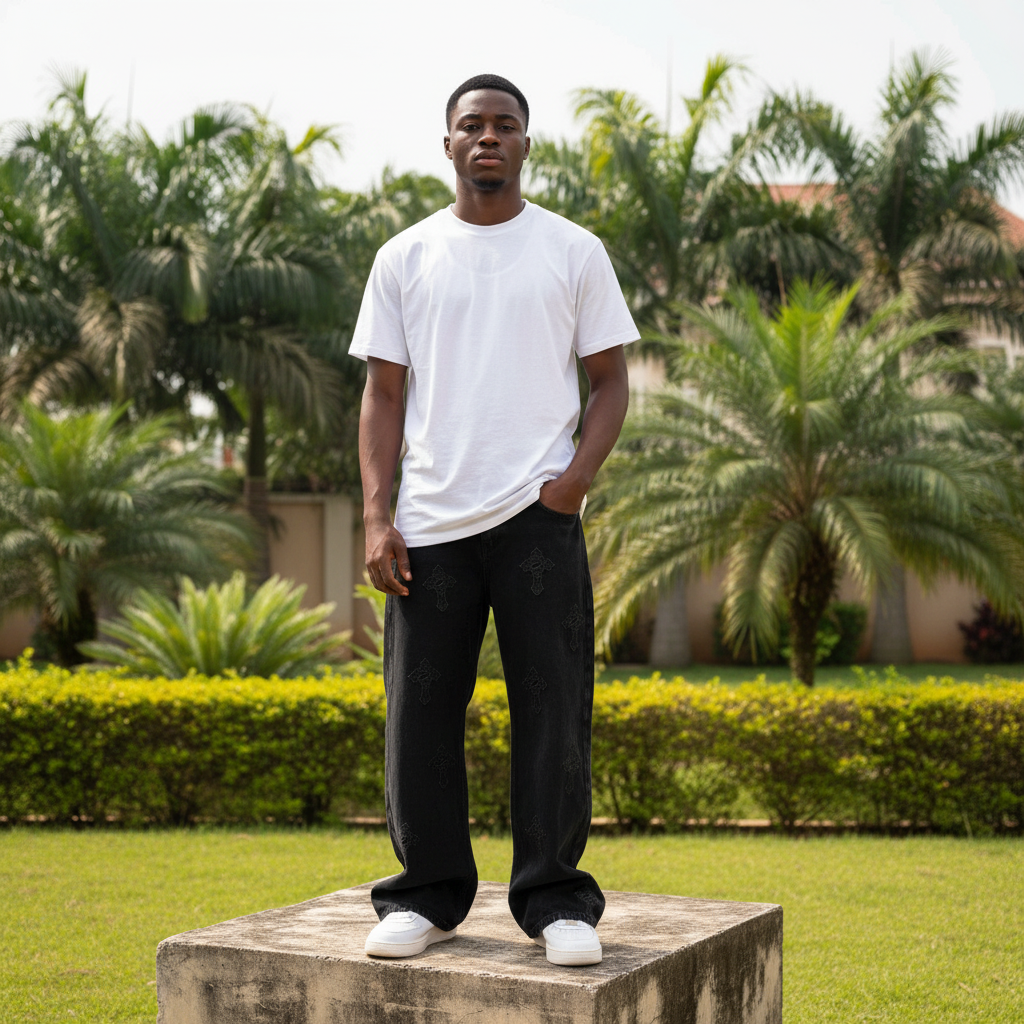 Nigerian male model full body wearing men's black cross embroidered wide-leg baggy denim jeans