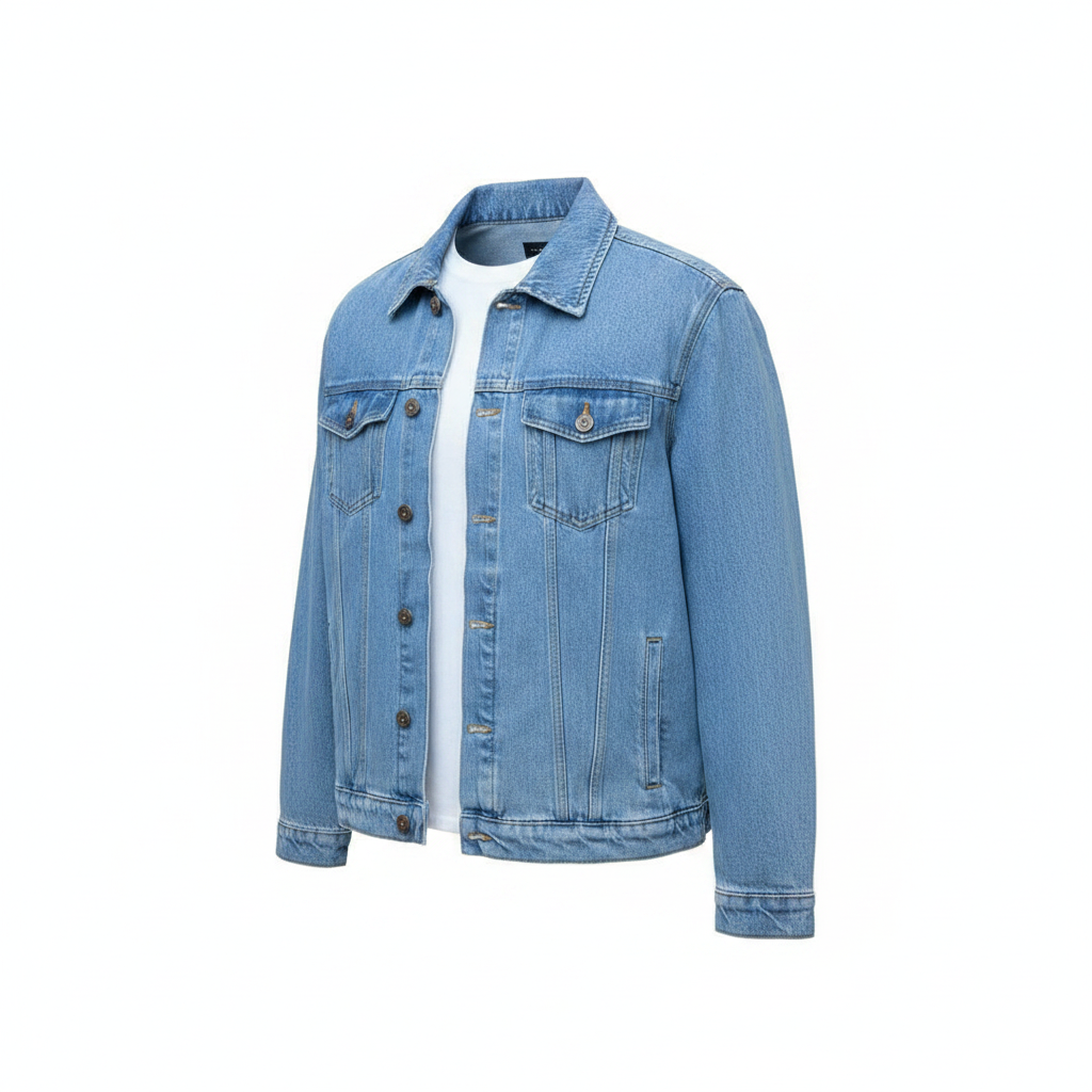 Men's light blue washed denim trucker jacket ghost mannequin front view