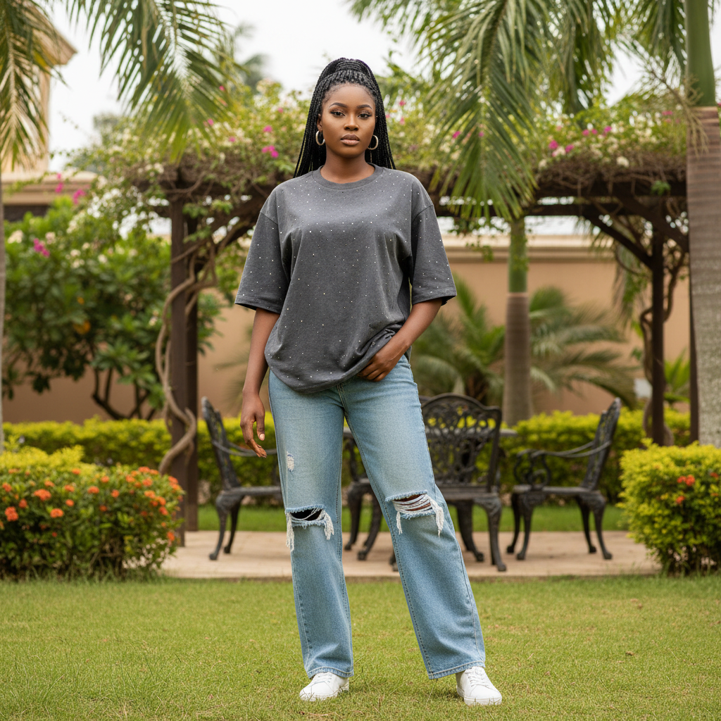 Women's charcoal grey rhinestone oversized tee - female model shot