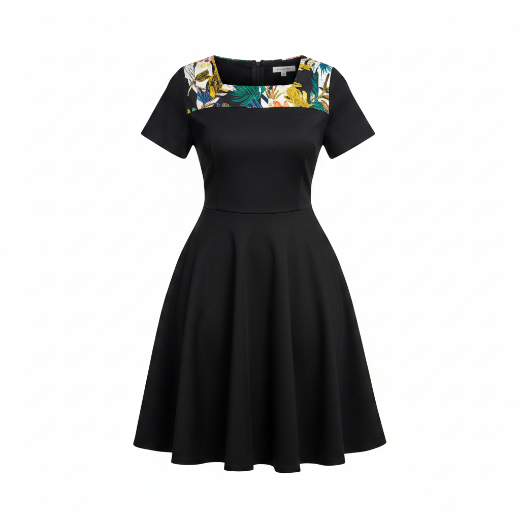 Ghost mannequin view of Women's Black Fit-and-Flare Mini Dress with Tropical Floral Yoke
