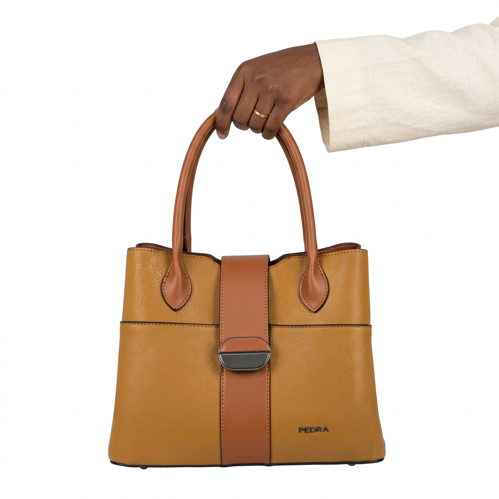 Black adult woman’s hand holding a mustard-tan and brown tote bag on white