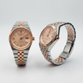 Champagne peach honeycomb dial two-tone rose gold steel couple watch — ghost mannequin front and side view