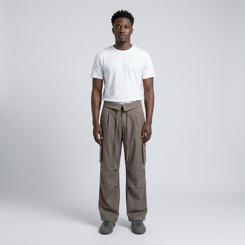 Full-body male model wearing taupe cargo trousers