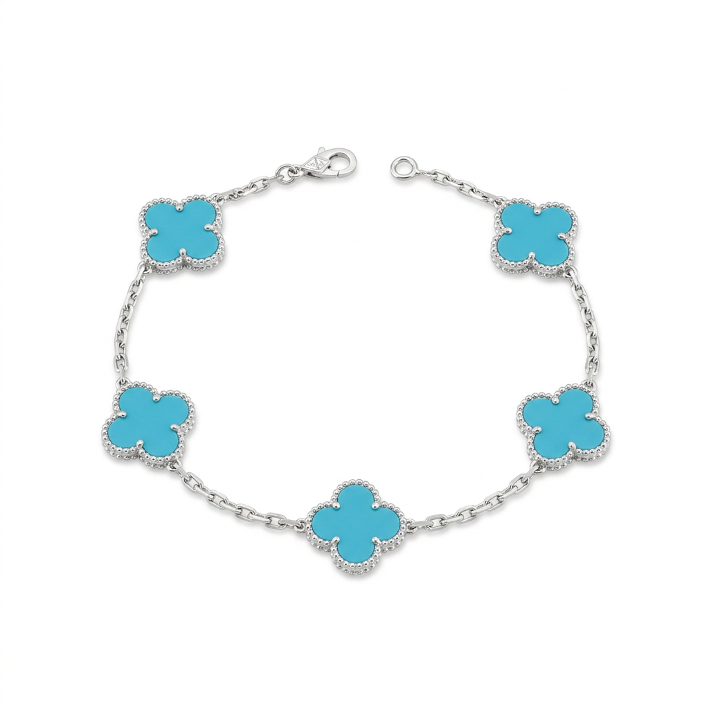 Silver turquoise-colour clover bracelet on white
