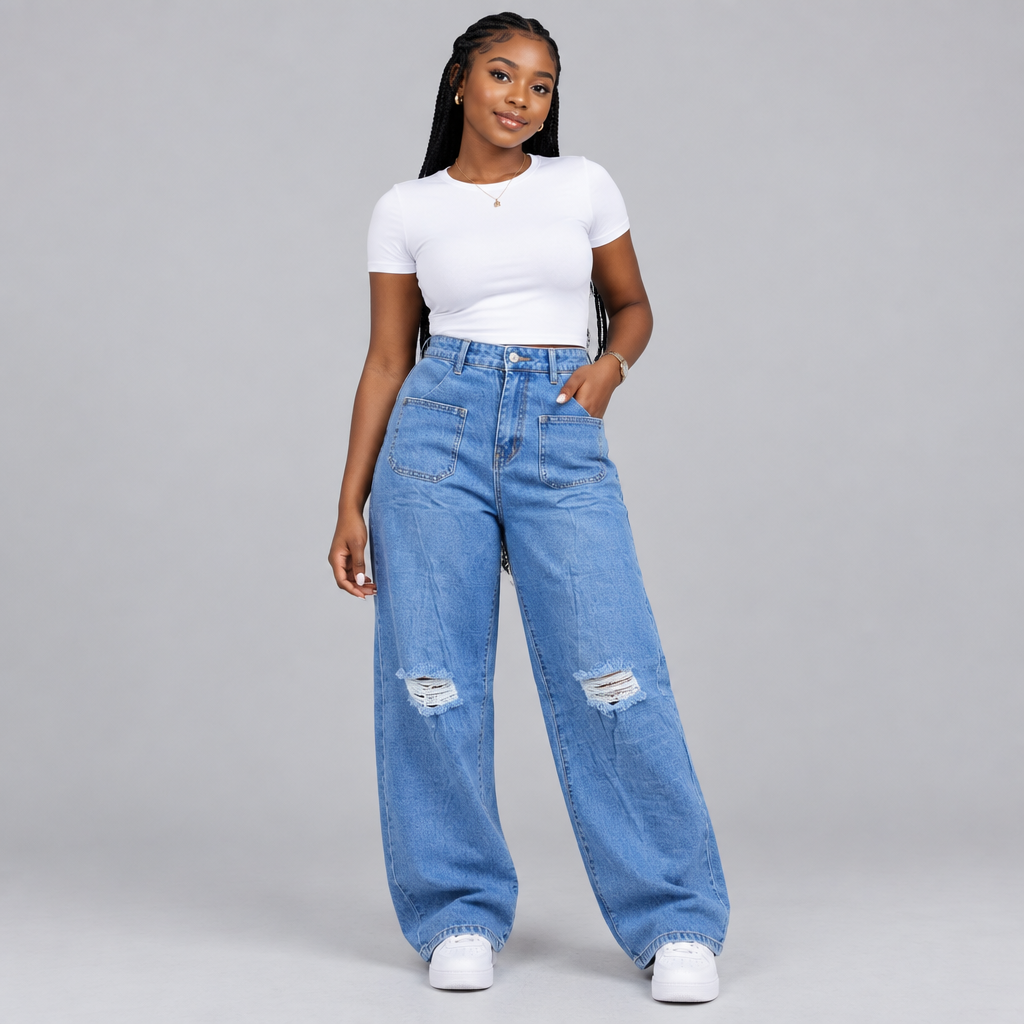 Light Blue Wide-Leg Distressed Jeans – Model Shot