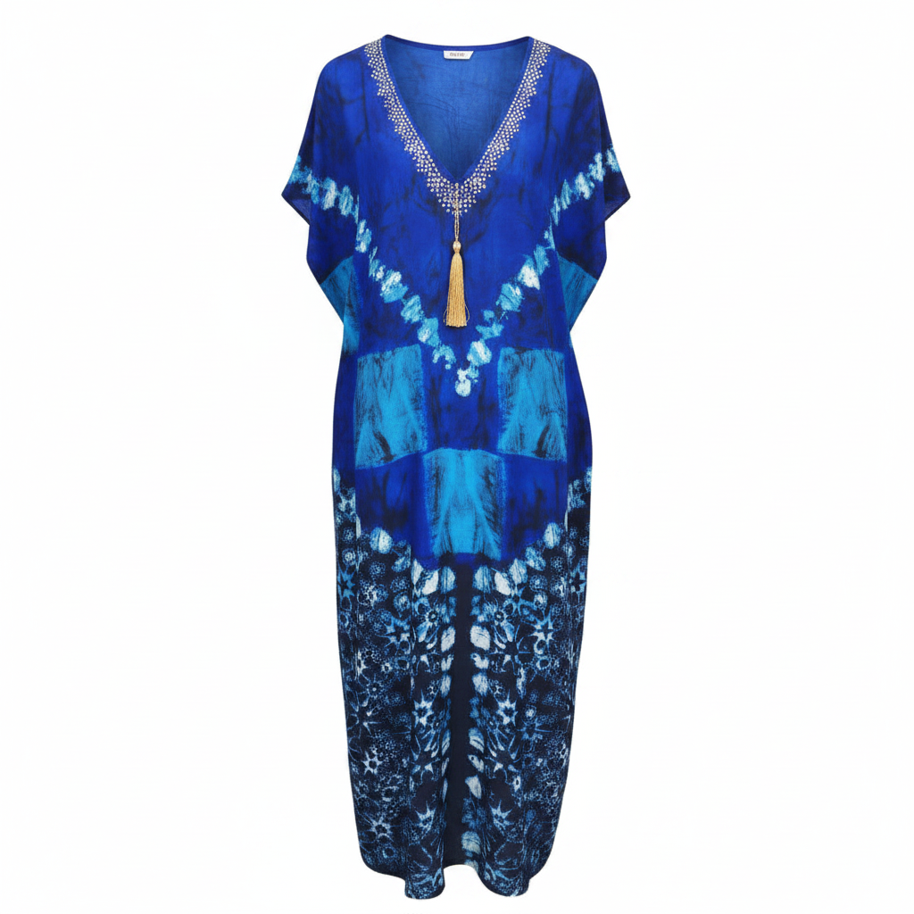 Ghost mannequin view of Royal Blue Adire Long Bubu Gown with rhinestone V-neckline and gold tassel