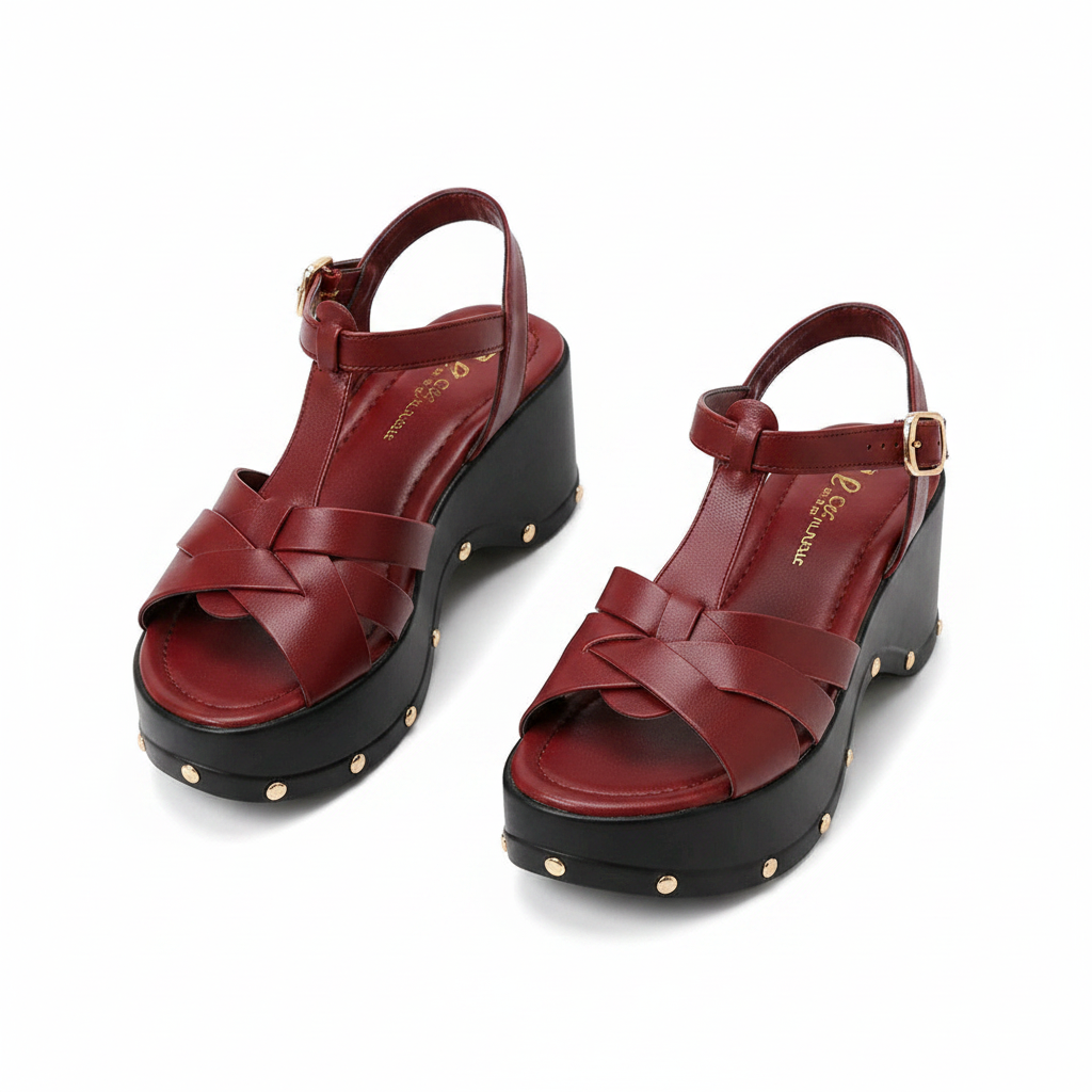 Women's T-Bar Platform Wedge Sandal - Wine Colourway Ghost Mannequin