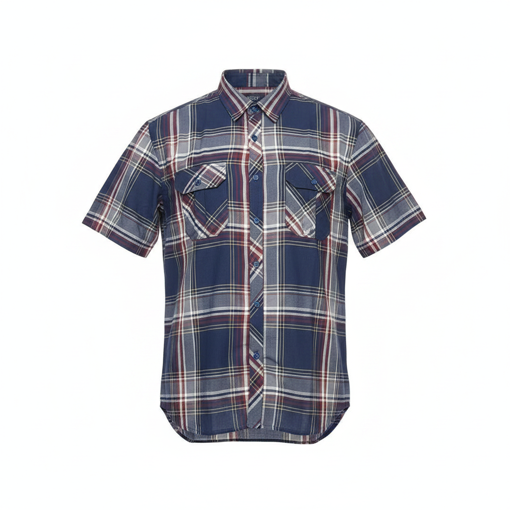 Ghost mannequin navy tartan plaid short-sleeved shirt