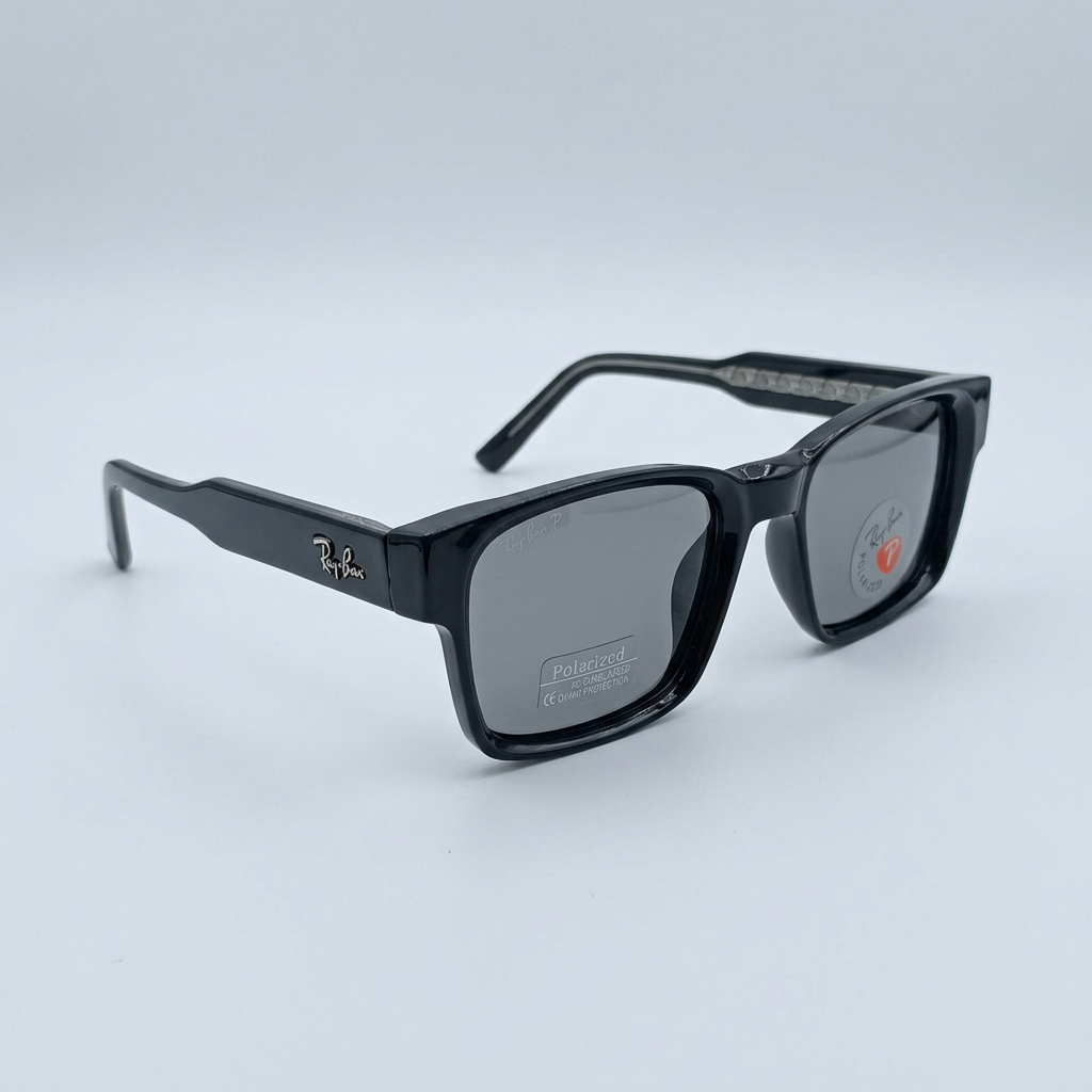 AI-edited glossy black square sunglasses catalog view