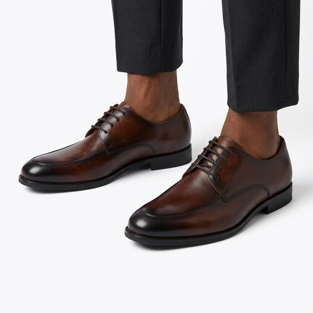 Both brown Derby shoes worn with charcoal trousers on white