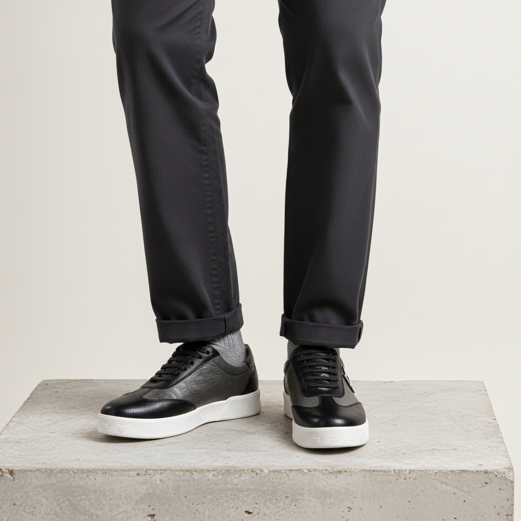 Men's Black Textured Leather Sneaker – Leg Focus Model Shot