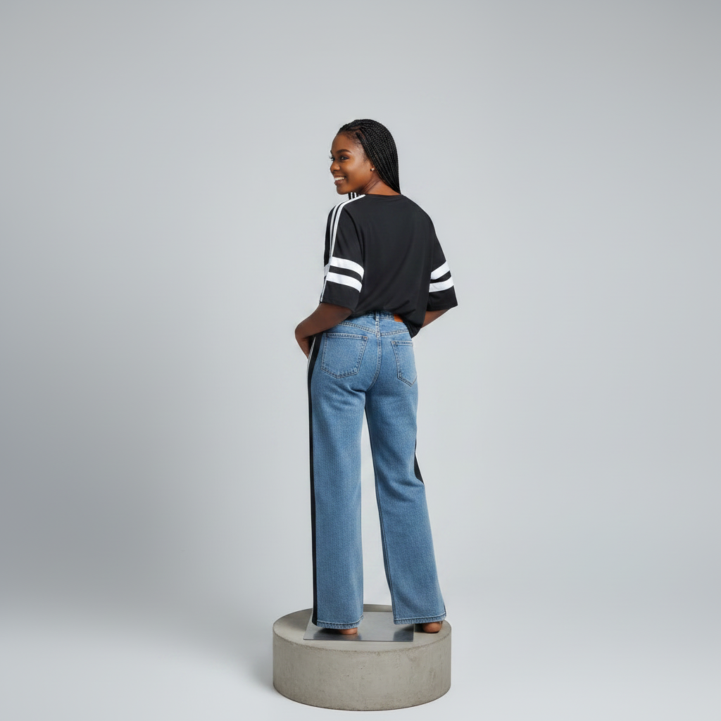 Nigerian female model back view - black graphic top and blue denim striped jeans set