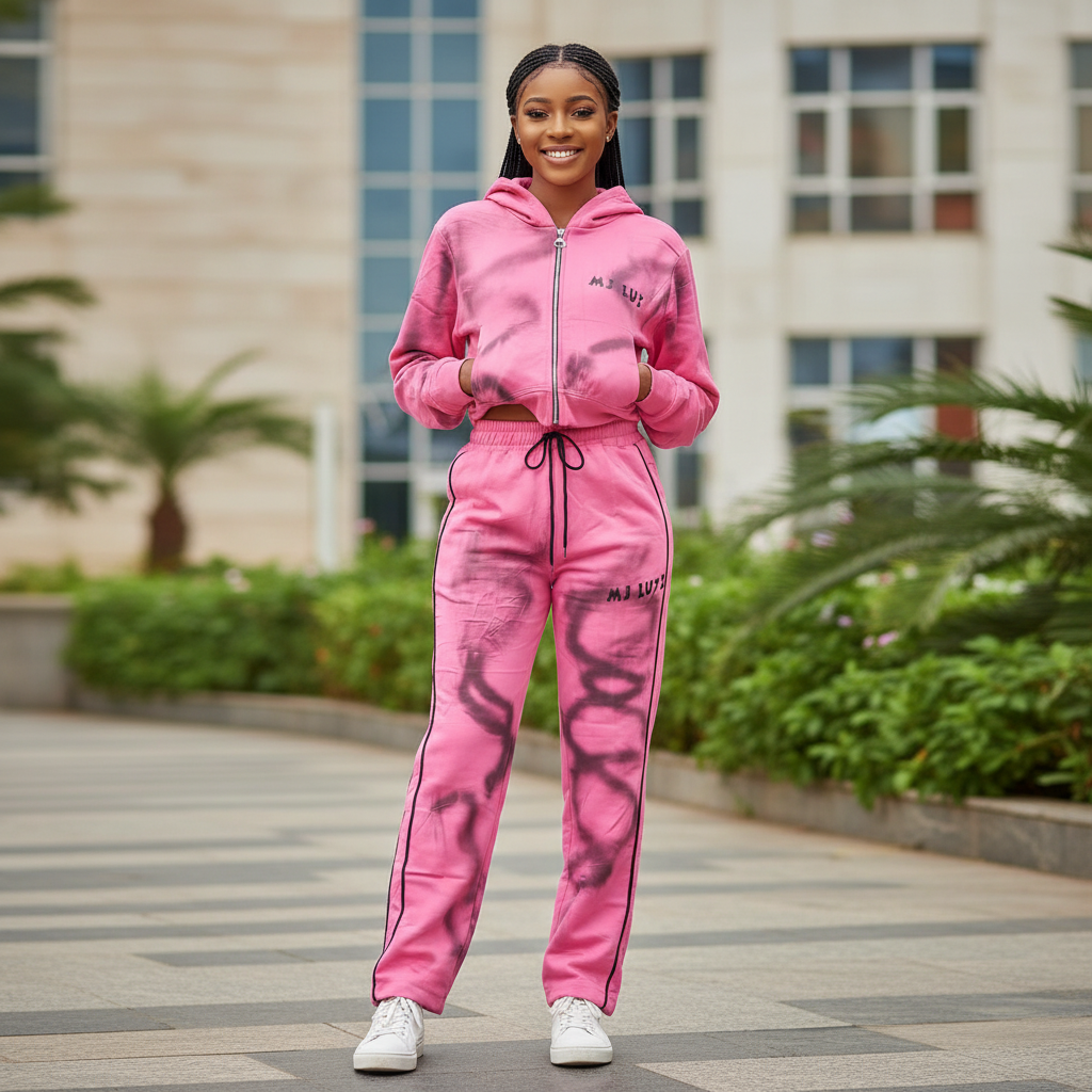 Teen Pink Airbrushed Graphic Zip Hoodie Tracksuit Set – Model Shot